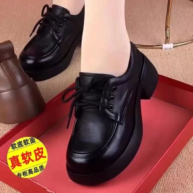 真软皮粗跟乐福鞋女春季新款英伦风小皮鞋百搭软底系带单鞋