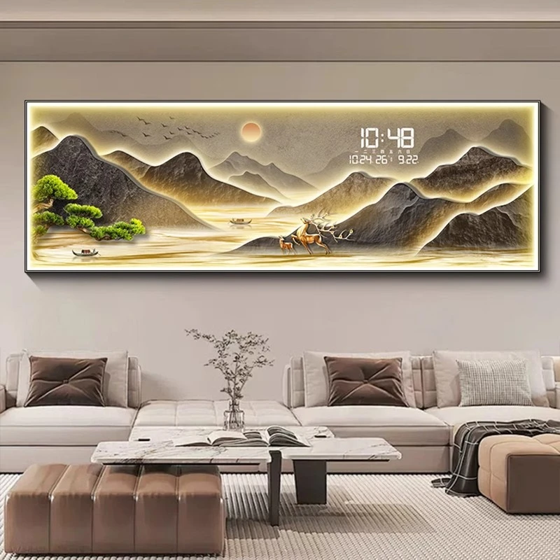 现代轻奢客厅沙发背景墙装饰画创意时钟壁灯茶室迎客松挂画万年历