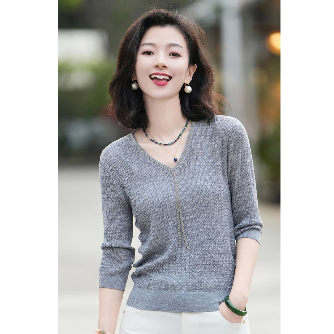 西子/【烟岚】桑蚕丝羊绒V领流苏珠链七分袖上衣针织衫/MSBH1016