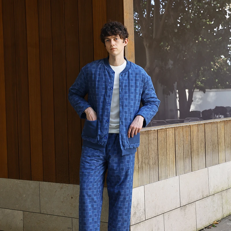 朵朵可可睡衣男2025冬季新款全棉简约休闲夹棉袄保暖家居服422