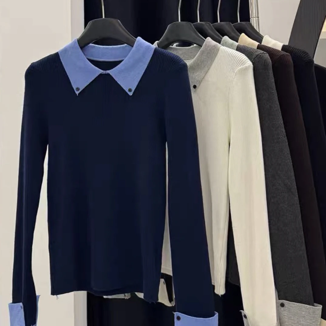 【针织L2380】高级感polo领拼色毛衣时尚洋气立领秋冬撞色修身