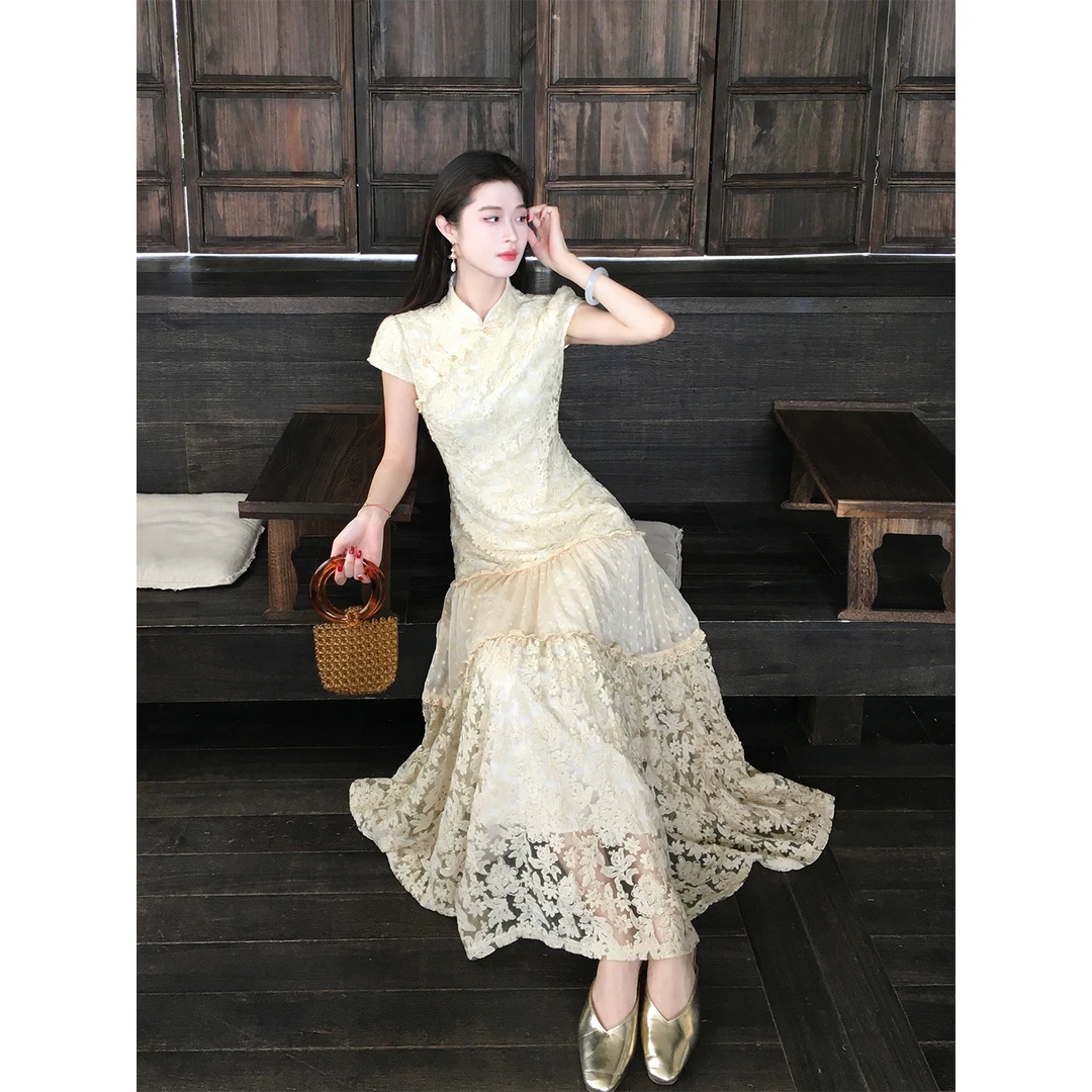 凌茜恣禾【叠春叙】国风新中式绣花掐腰拼接连衣裙氛围感改良旗袍裙