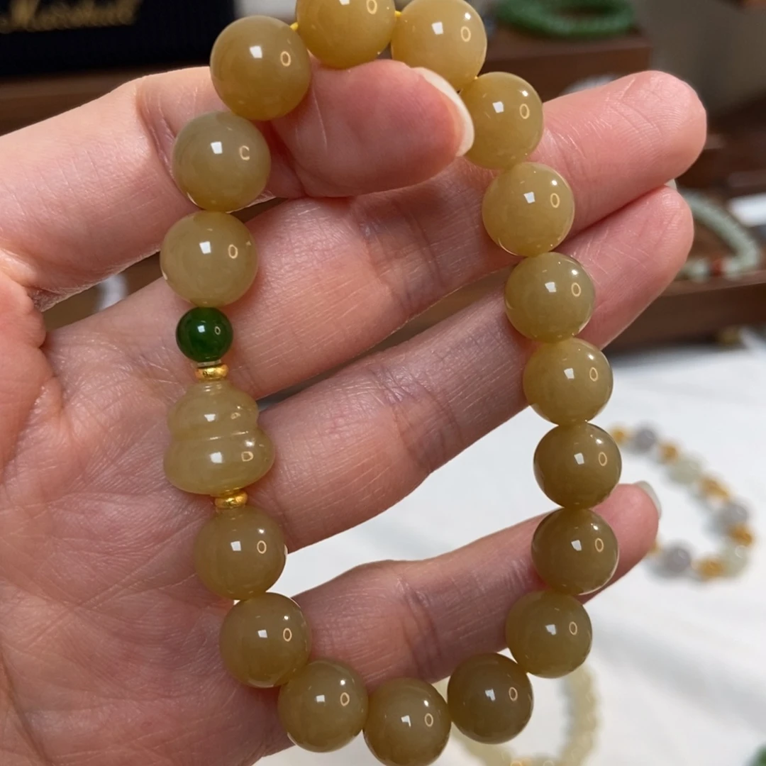 和田玉18K金镶嵌手链10mm且末糖精品