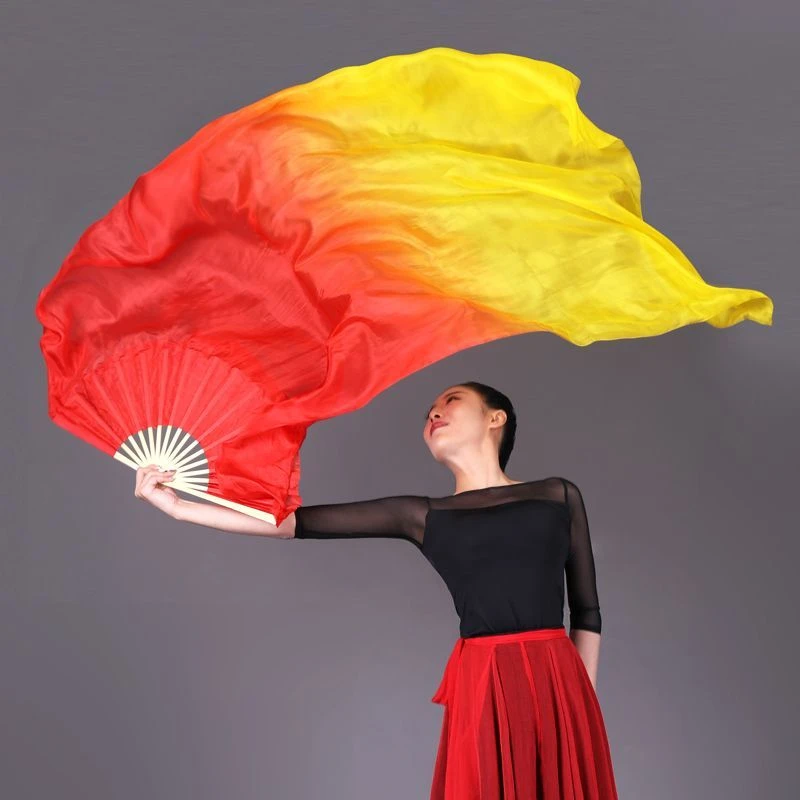 舞蹈扇子跳舞扇真丝加长古典成人儿童长绸扇锦鲤抄广场舞扇火焰扇
