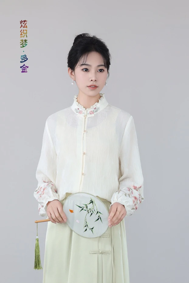 炫织梦2025年春季新款中式国风刺绣暗纹衬衫女气质立领长袖衬衣