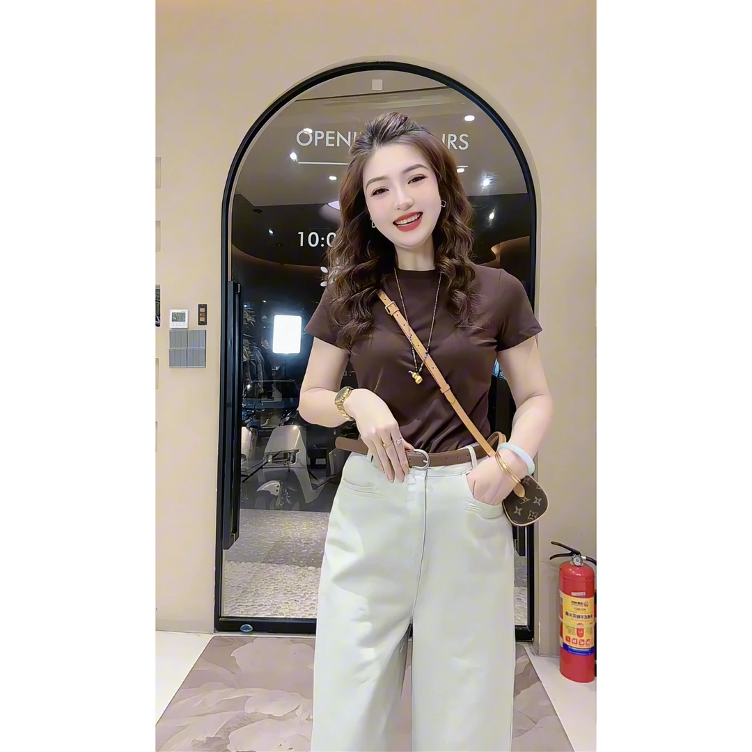 涵儿家 早秋简约圆领正肩弹力短袖上衣VS 高腰显瘦牛仔阔腿裤9815