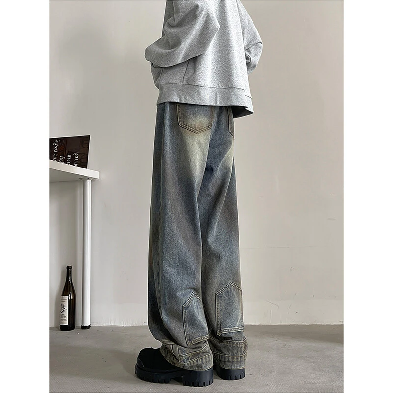 美式脏脏牛仔裤男秋冬水洗复古工装裤设计感倒装裤痞帅宽松直筒裤