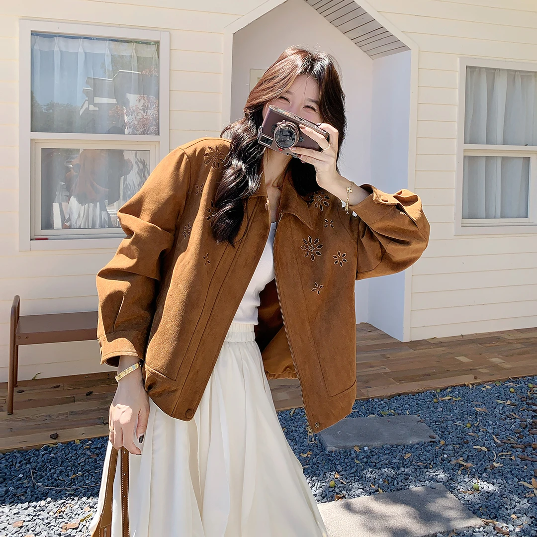 秋季棕色美拉德短款麂皮绒外套女2025新款酷飒风刺绣翻领夹克上衣