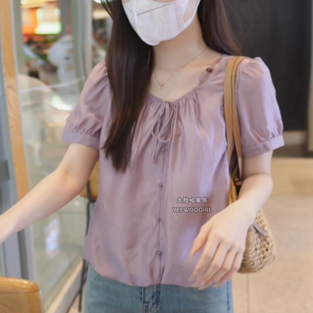 【大脸哈】2025新款时尚韩版V领泡泡袖衬衫减龄小衫上衣女夏