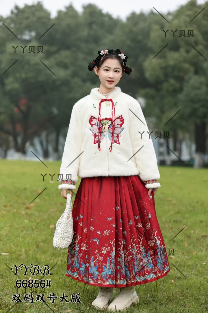 复古马面裙套装织金印花马面裙云肩大童装中国风毛绒绒外套