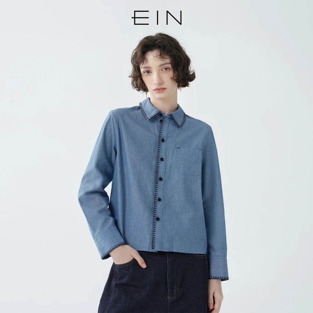EIN/言蓝调仿牛仔翻领撞色包边贝壳绣长袖衬衫女2025早秋新款