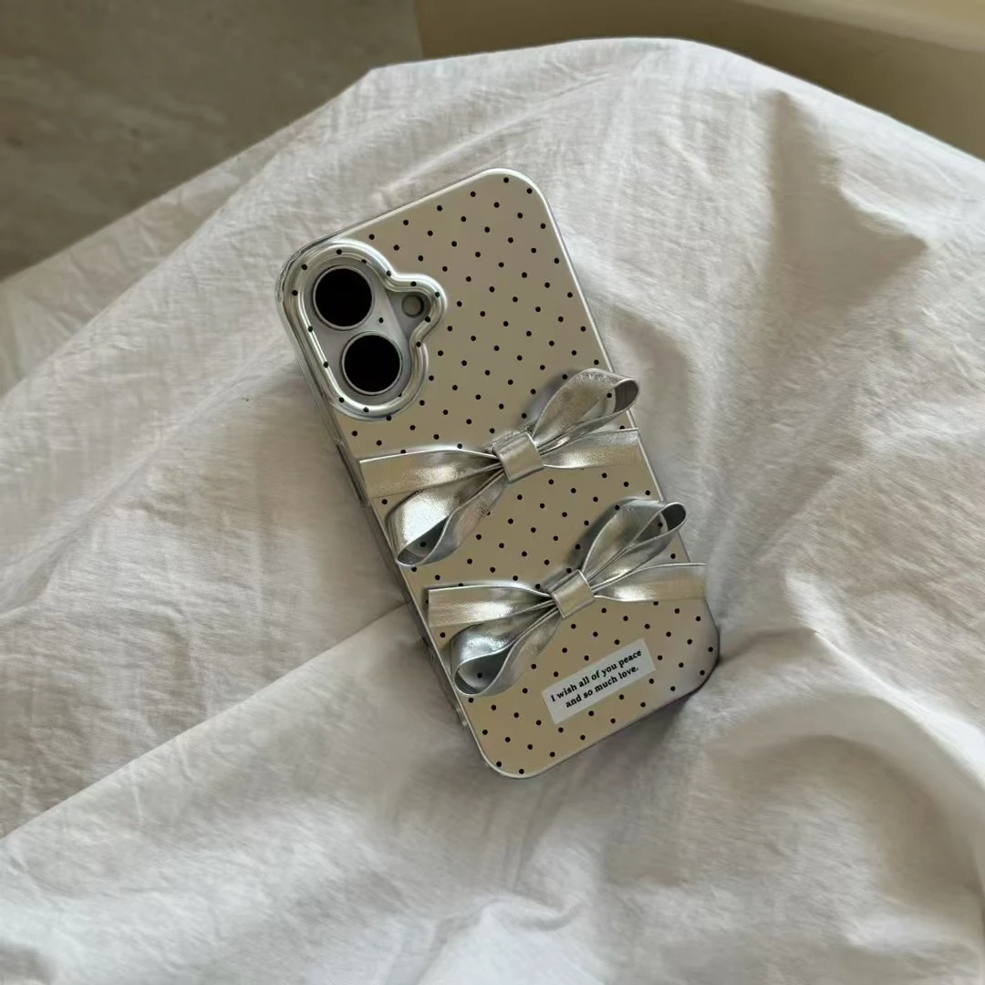 ins高级感小众银色波点蝴蝶结适用iphone13苹果14/15/16pro手机壳