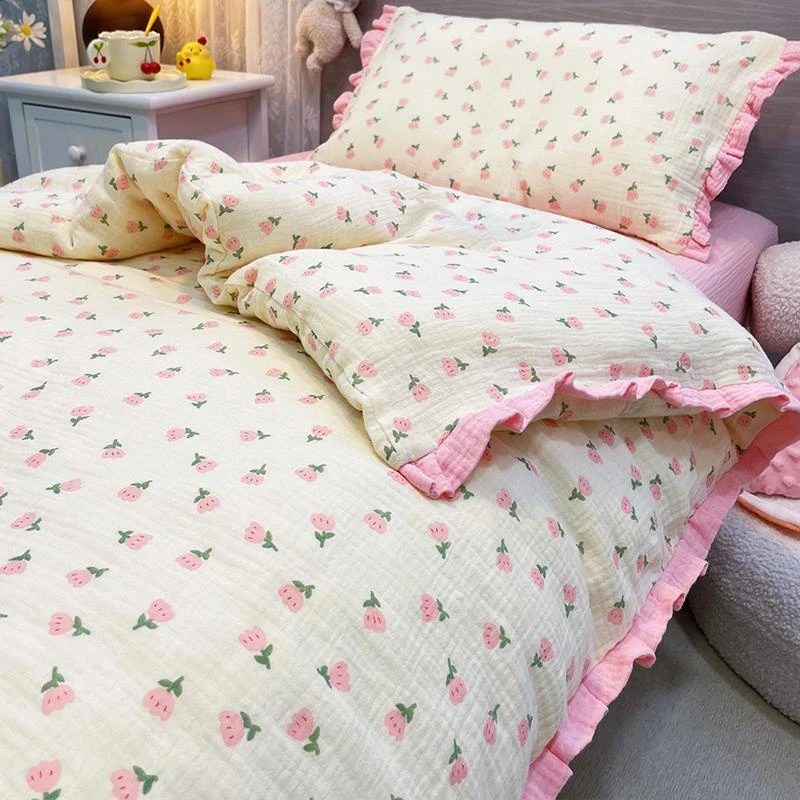 富安娜床品全棉双层纱被套床笠四件套100纯棉单人被罩三件套