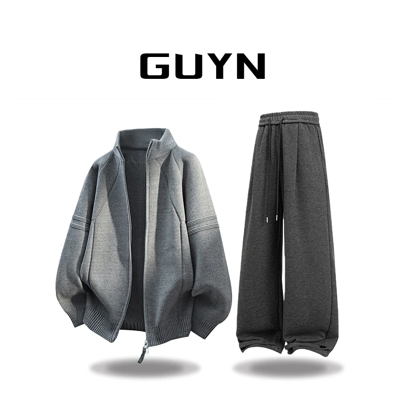 【品牌正品现货】GUYN港风潮牌纹理拉链针织开衫立领秋冬宽松毛衣男