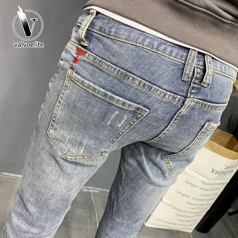 VALVOELITE男士牛仔裤夏季薄款美式复古潮牌痞帅韩版修身小脚裤子