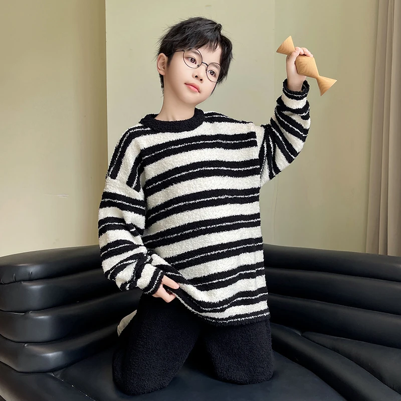 秋冬保暖男童法兰绒睡衣洋气条纹儿童半边绒家居服韩版加厚空调服