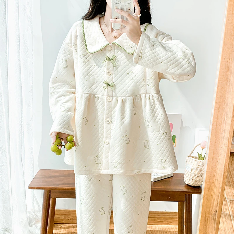 秋冬季抗菌空气棉夹层孕妇睡衣产哺乳期喂奶衣月子服套装怀孕期