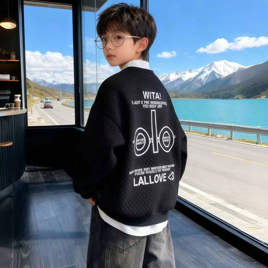 2025新款潮牌男童加绒加厚卫衣半高领一体绒儿童韩版洋气秋冬大童