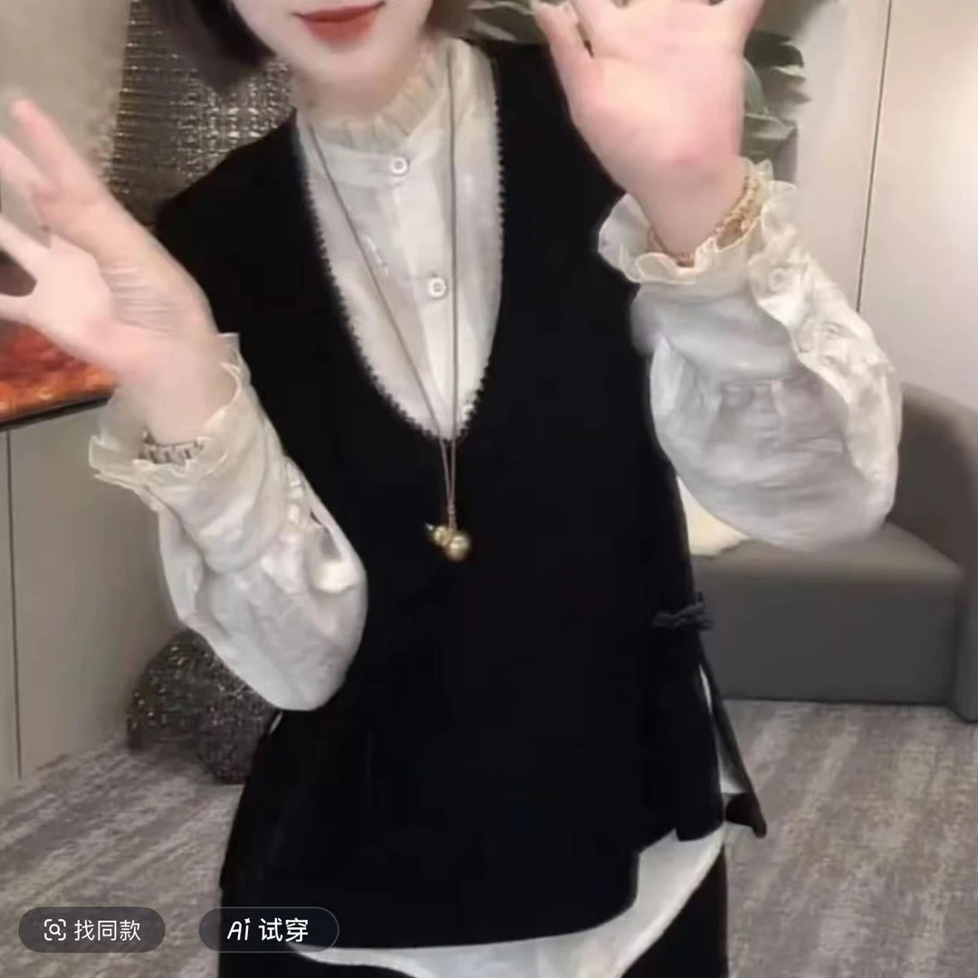 2405国潮中式复古丝绒串珠V领马甲坎肩馨悦