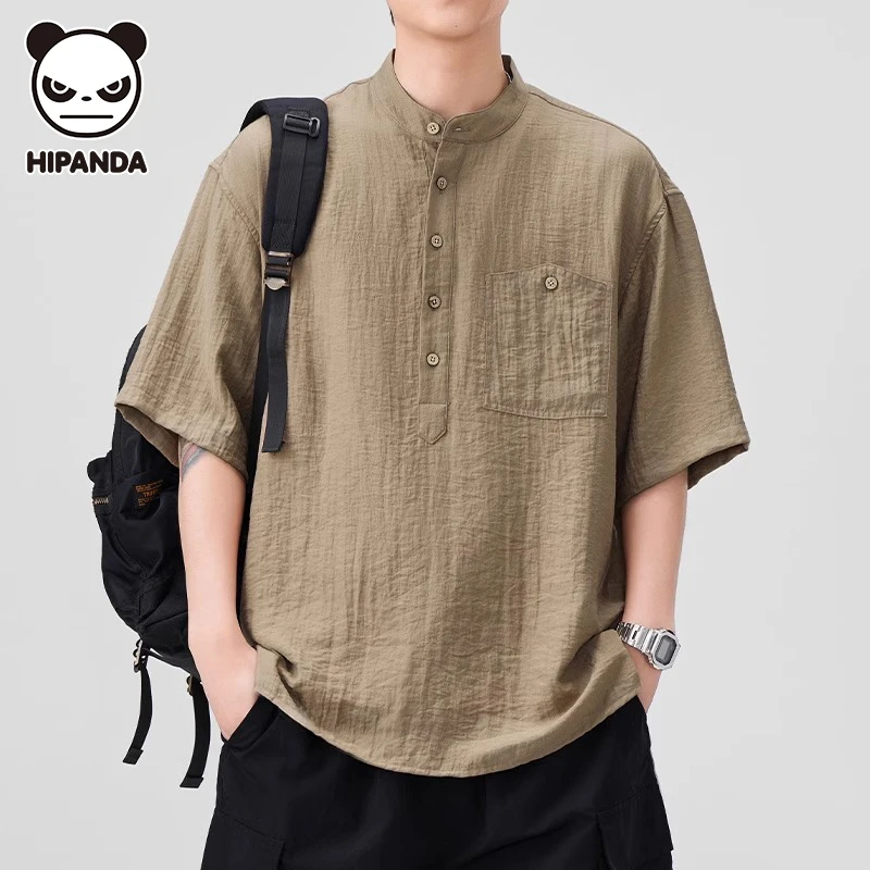 HiPanda你好熊猫亚麻短袖衬衫男夏季日系复古宽松亨利领休闲衬衣