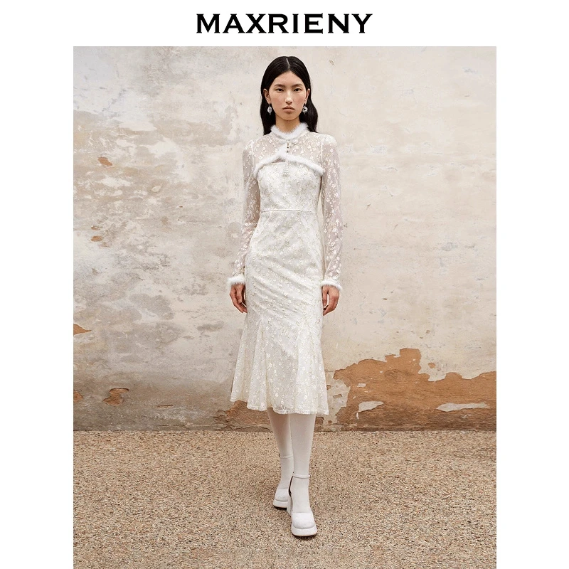 MAXRIENY蕾丝气质长袖少女复古法式修身日常秋中式长款连衣裙白色