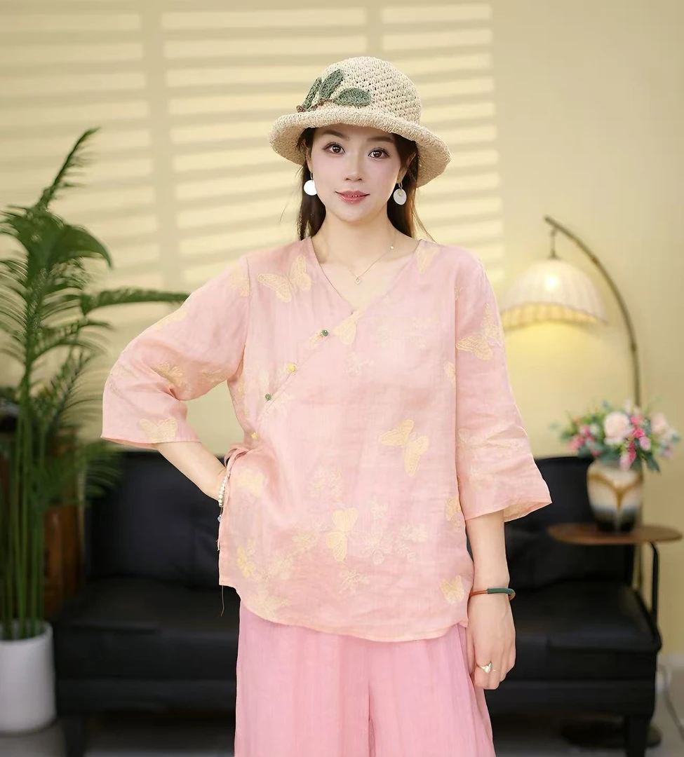 【翩翩起舞】夏季韩版宽松文艺百搭休闲苎麻小衫薄款盘扣慵懒风衬衫