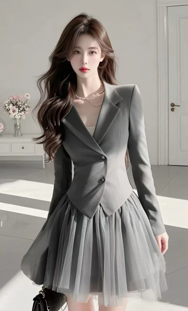 SS955超火超好看独特漂亮高级感气质小香风灰色上衣网纱裙套装