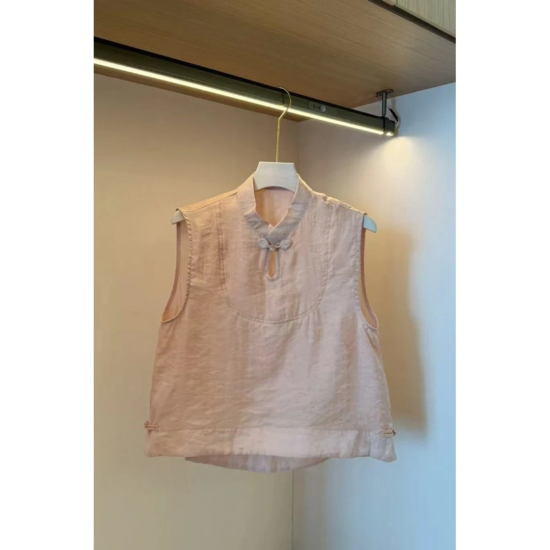 2025年法式气质设计感慵懒风夏季国风复古盘扣无袖宽松中式上衣女