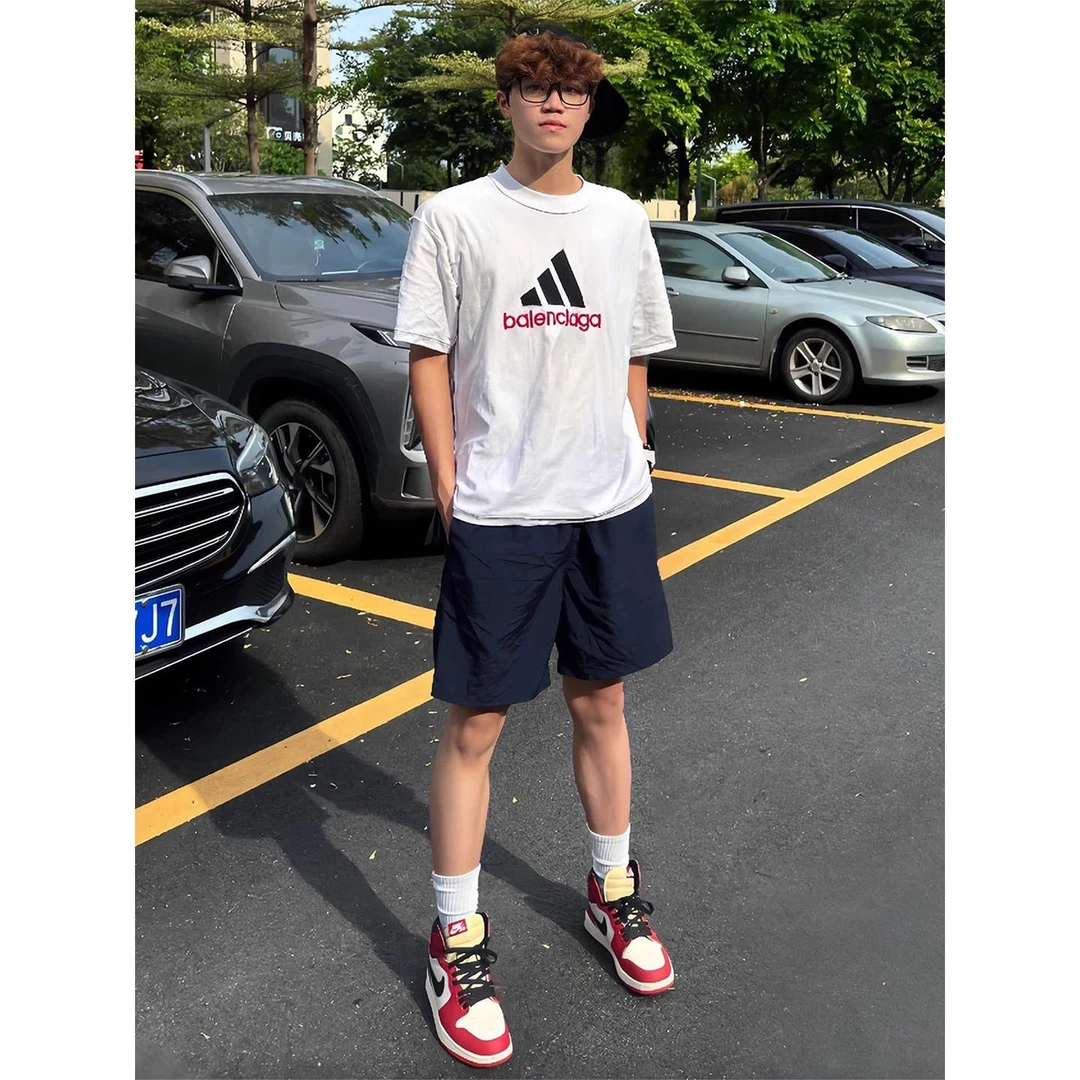 藏青色速干运动短裤男夏季外穿高腰美式裤子透气宽松不过膝四分裤