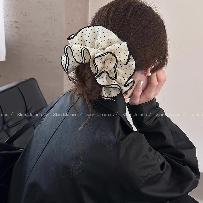 黑白波点褶皱双层大肠发圈女2025新款高马尾扎头发绳不勒发绳头饰