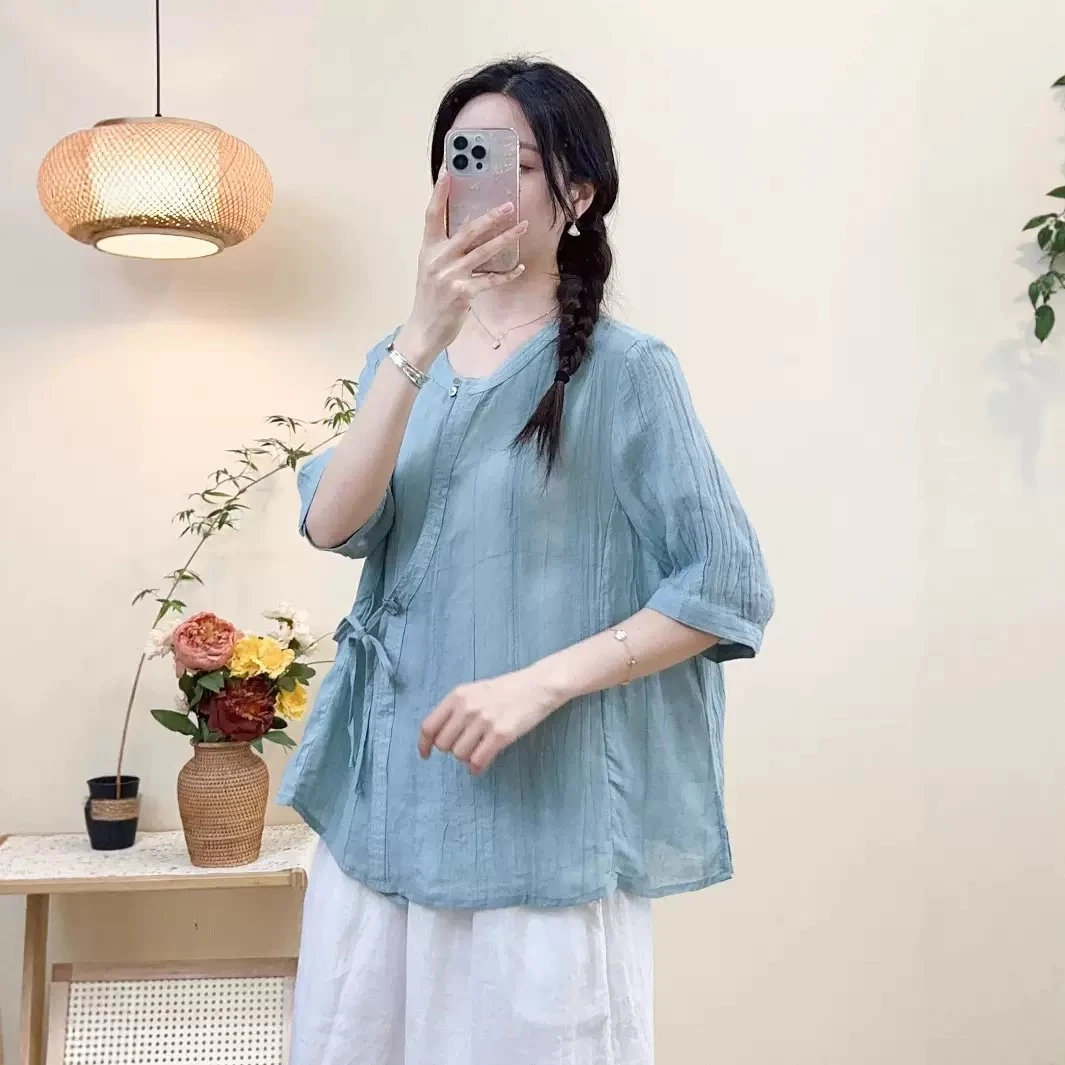 复古苎麻内里包边侧边系带圆领衬衫女文艺大码百搭显瘦休闲上衣