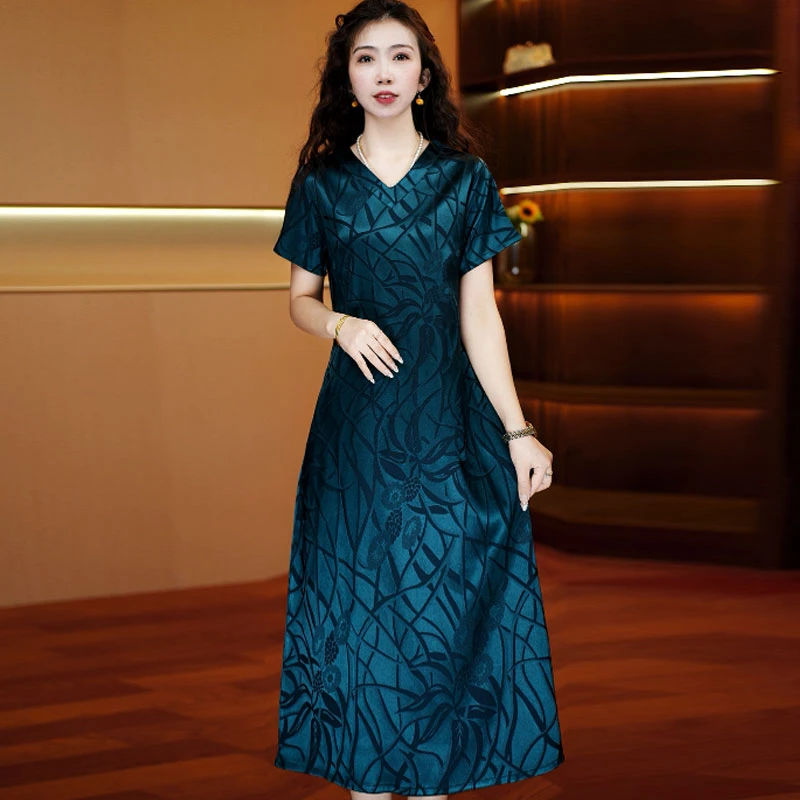 蓝纹雅韵 气质中长款时连衣裙百搭遮肉裙子