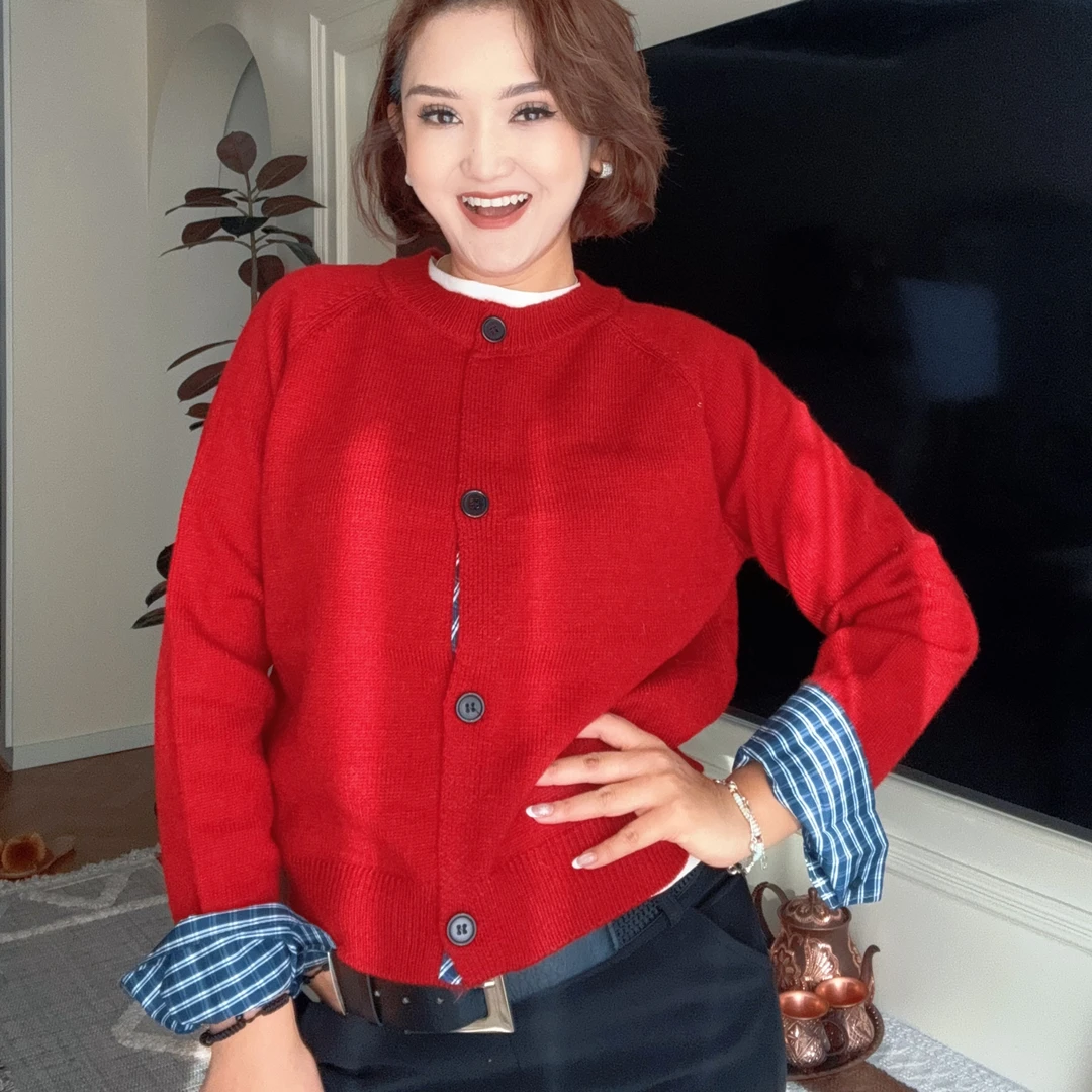 韩国chic秋冬撞色格子拼接设计感长袖针织开衫圆领单排扣外套上衣