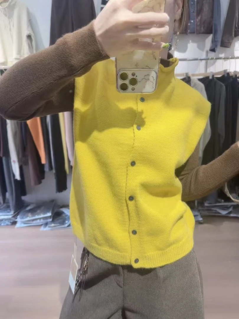 女纽扣宽松型立领免烫民族风马夹上衣针织女士纯色短款时尚百搭