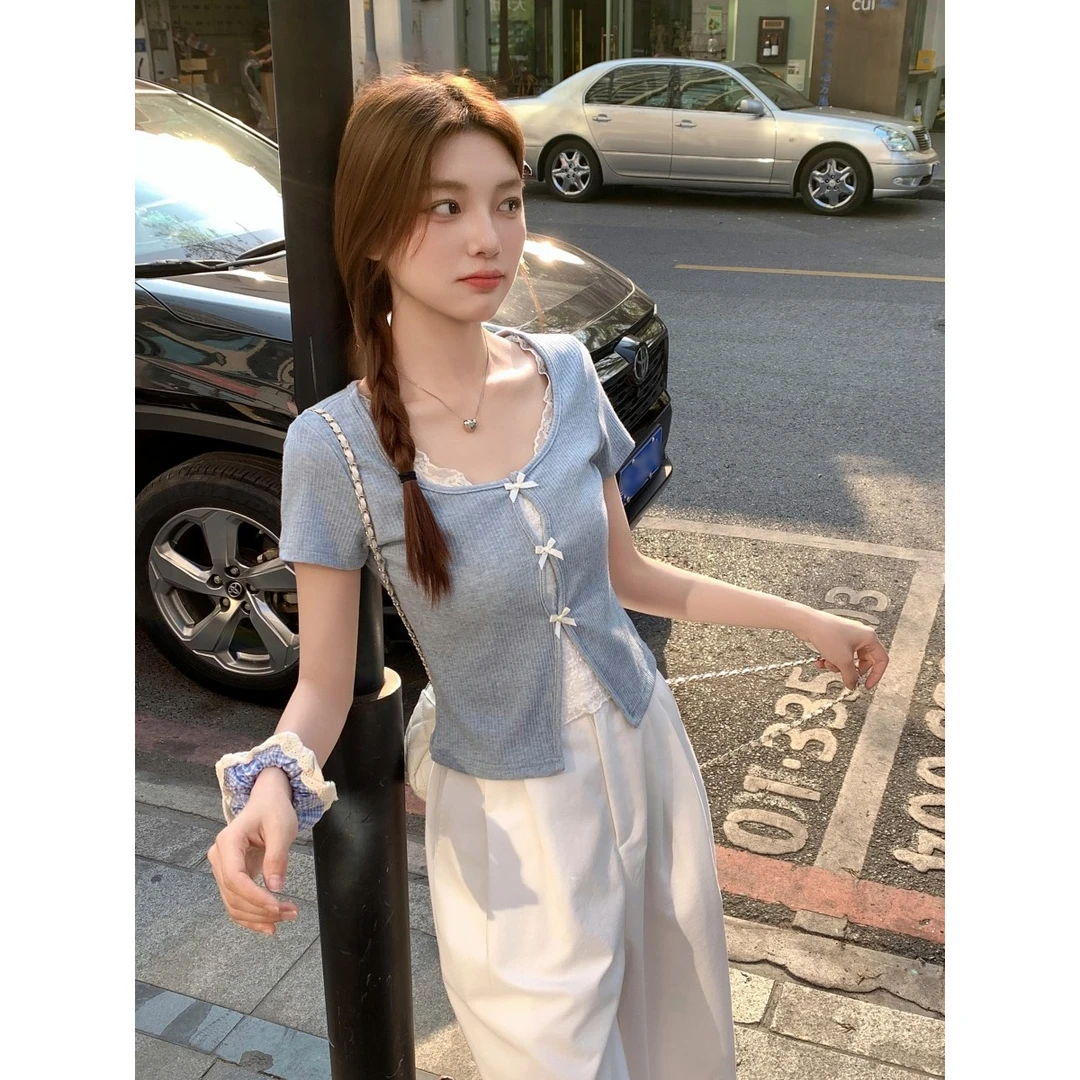 蕾丝拼接假两件短袖t恤女夏季2025新款设计感短款小个子正肩上衣