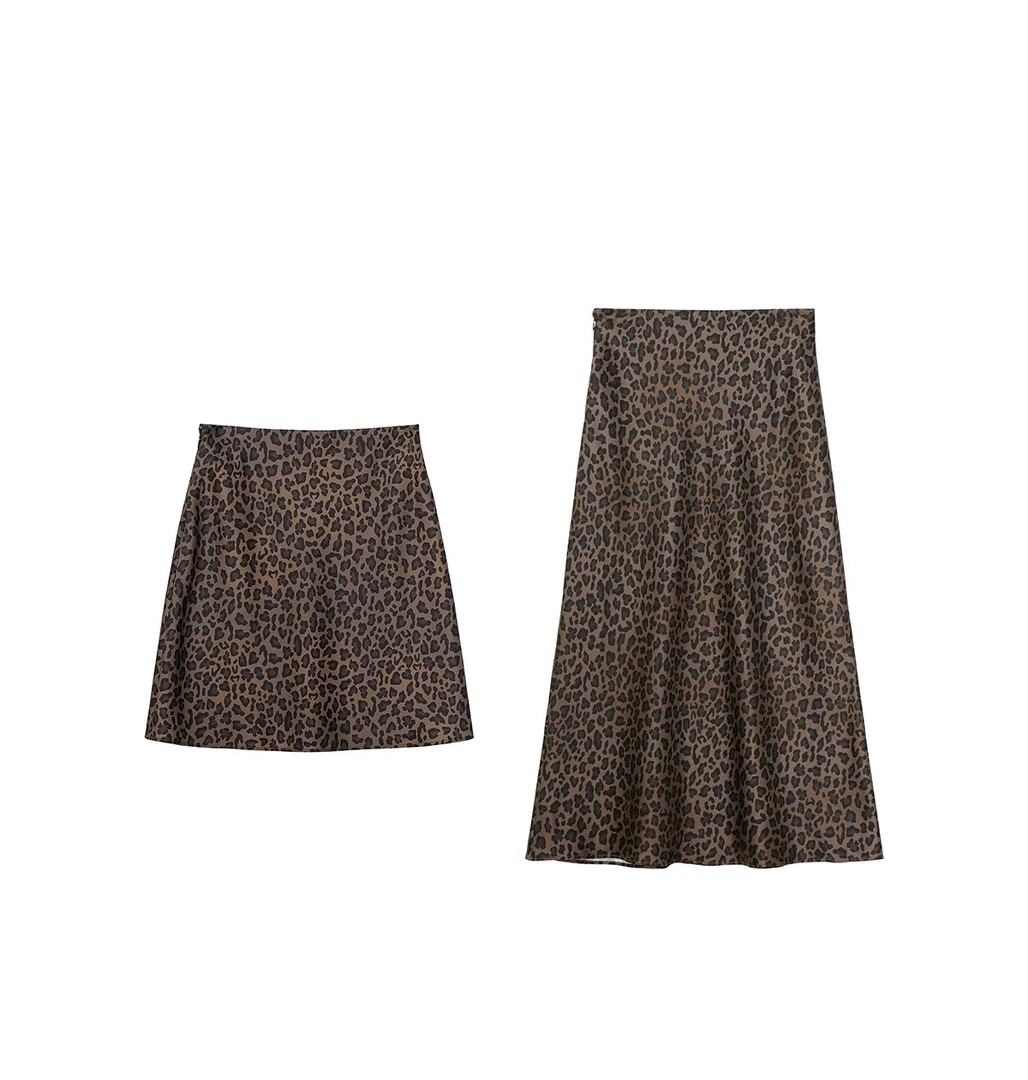 【Mei】轻盈垂顺醋酸缎面斜裁复古豹纹鱼尾双版本长/短半身裙