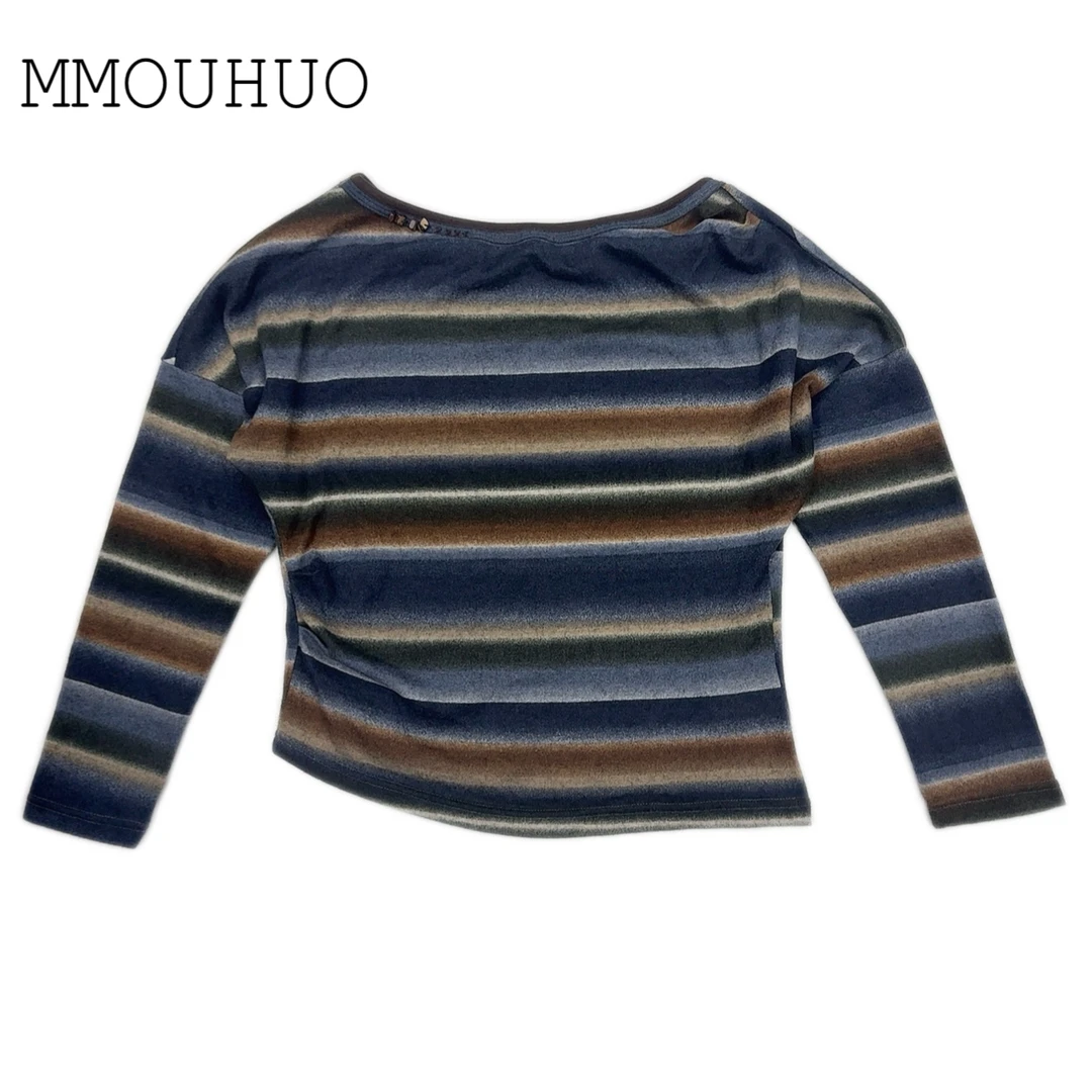 深圳MMOUHUO新款小众撞色晕染条纹斜肩长袖T恤