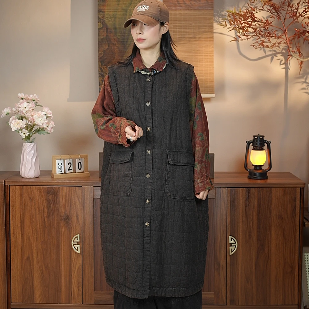 马甲女春秋装上衣新款宽松休闲棉麻水洗炒色做旧原创中长款棉马夹