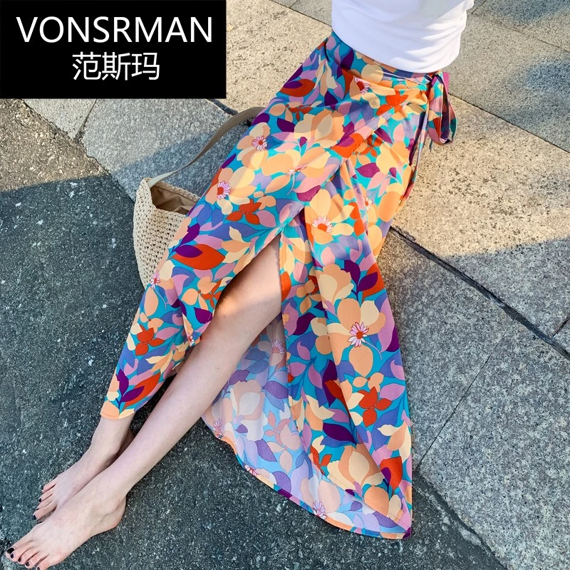 雪纺一片式碎花半身裙夏季新款波西米亚沙滩裙女度假旅游绑带裹裙