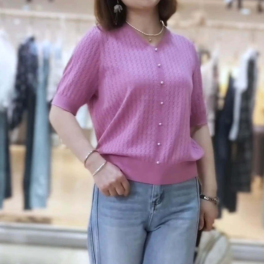 209款纯色针织衫宽松短袖套头显瘦韩版百搭薄款休闲短款