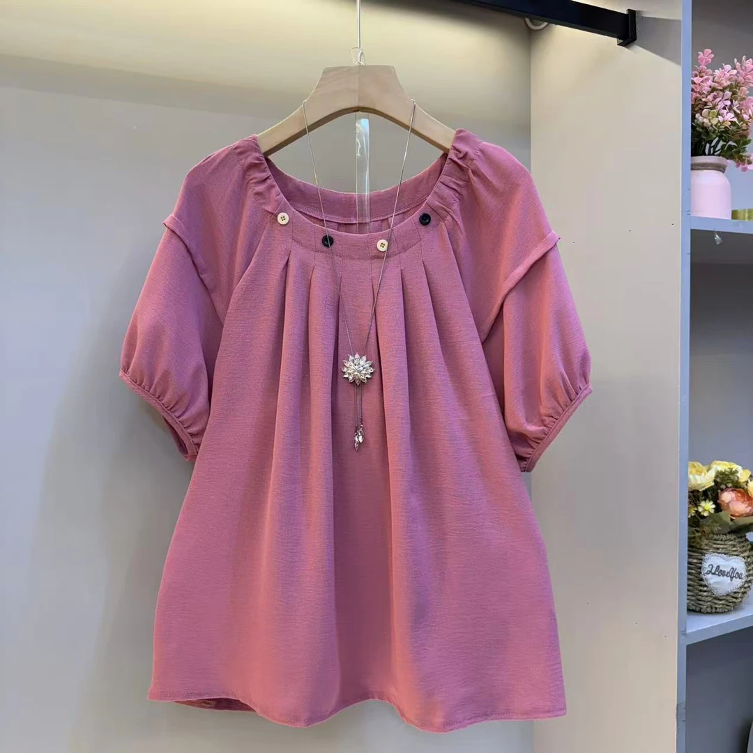 欧货2025夏新款设计感简约气质圆领泡泡袖短袖女人衫