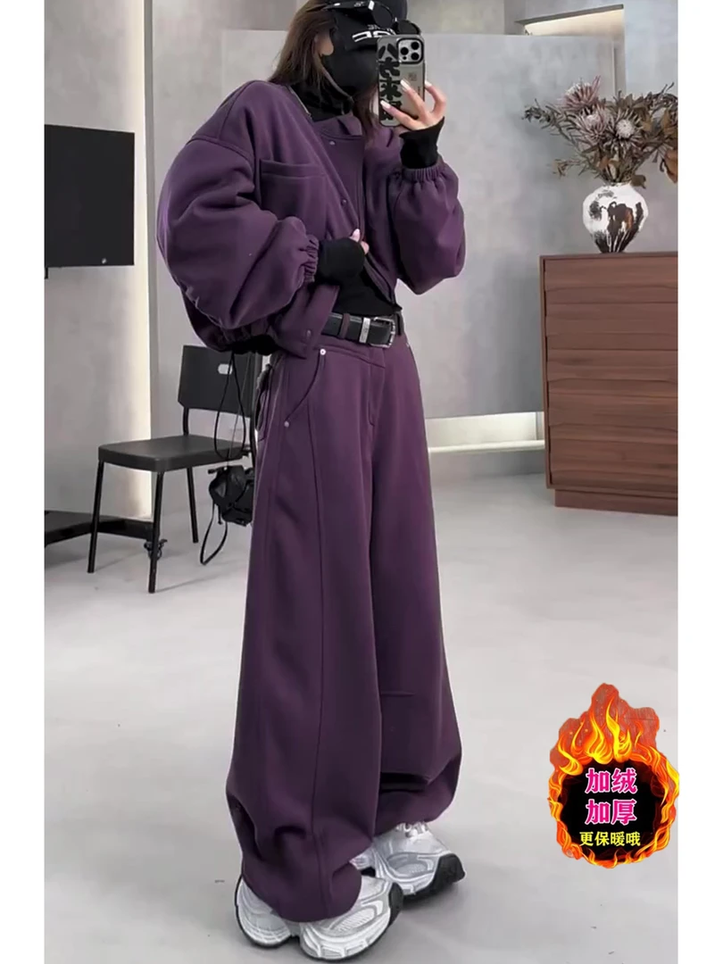 冬季新款加绒小众高腰百搭弯刀休闲裤女大码宽松遮肉显瘦卫裤女
