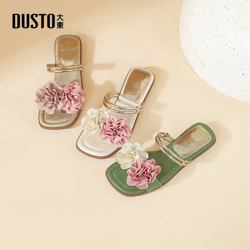 DUSTO/大东仙女风低跟一字拖2025年爆款花朵优雅低跟舒适女鞋0069