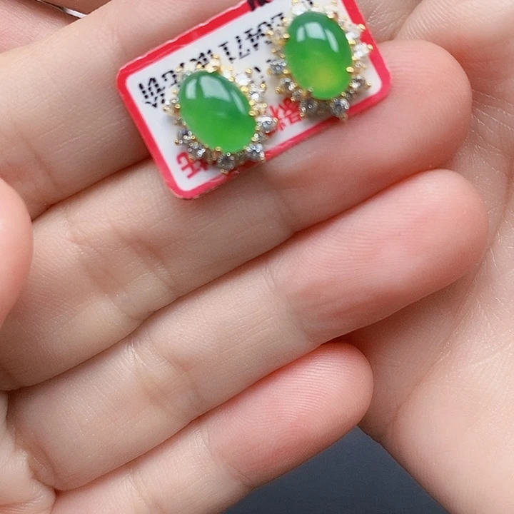 翡翠银S925镶嵌耳饰缅甸翡翠