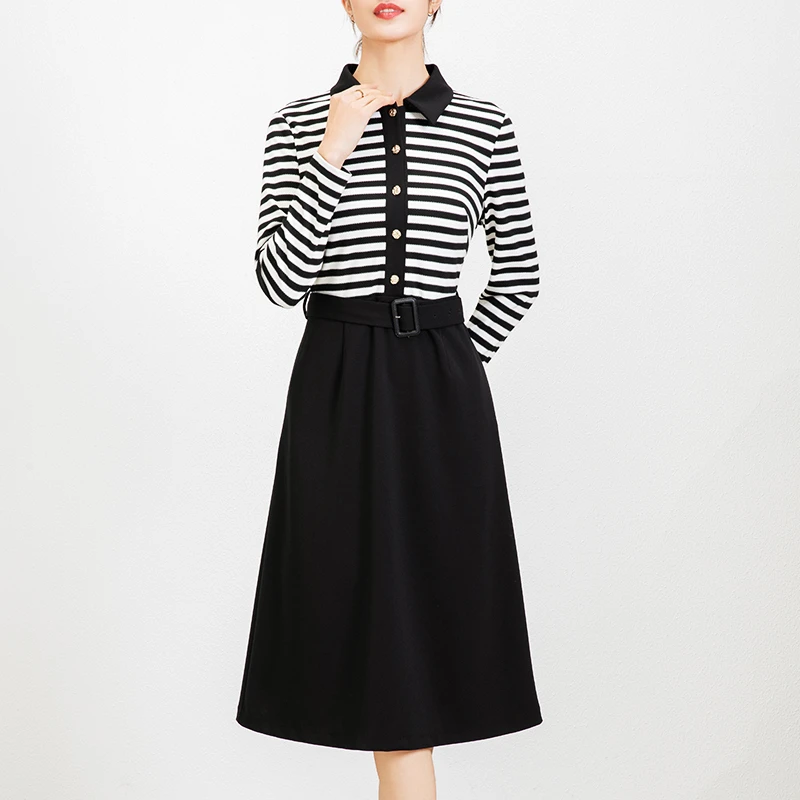 28559 春条纹连衣裙修身显瘦时尚设计感方领A字裙子系带收腰气质