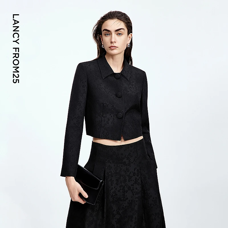 朗姿正肩翻领短外套提花设计感气质通勤高级感上衣2025年秋季新款