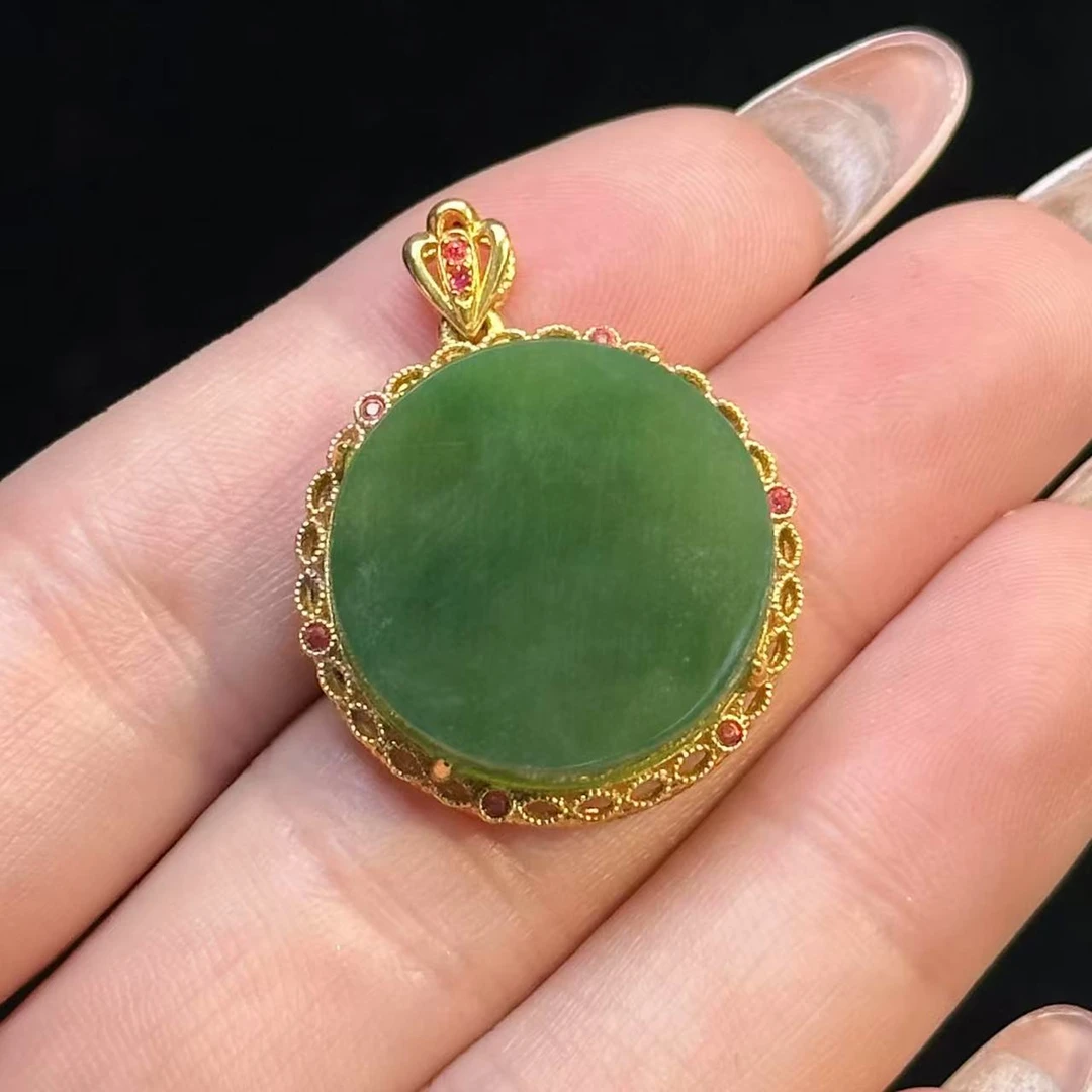 【华林宝哥】 18K金和田玉碧玉圆牌吊坠  不含链  Y03