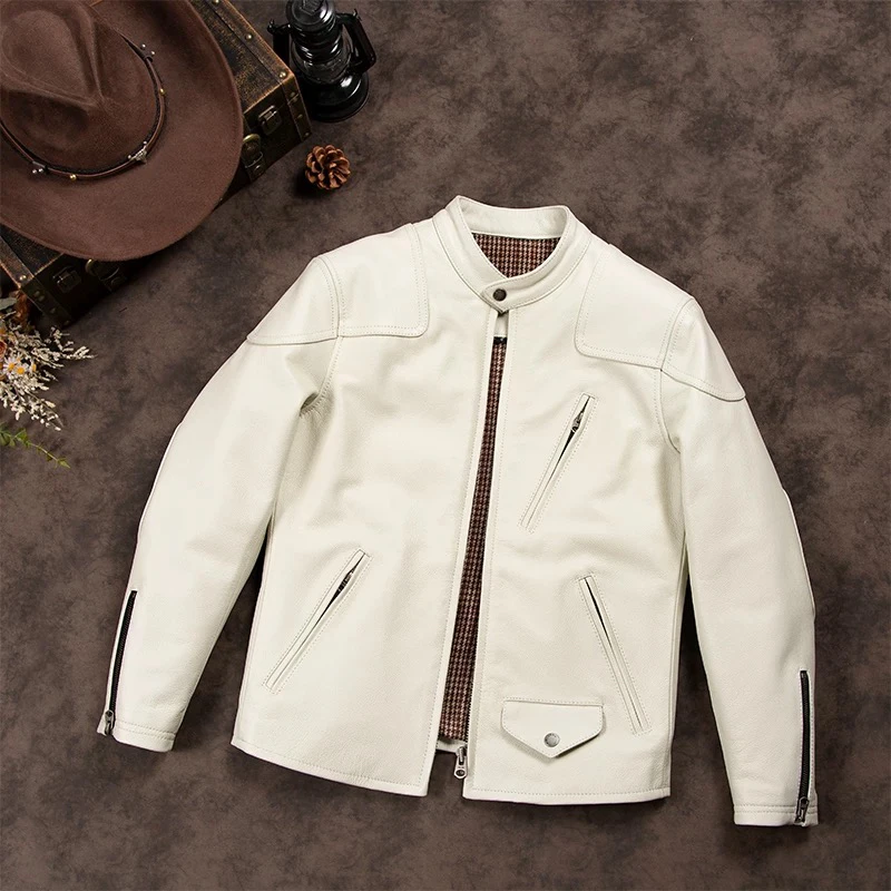 毒液同款真皮皮衣男士美式立领皮夹克头层牛皮机车服白色修身外套