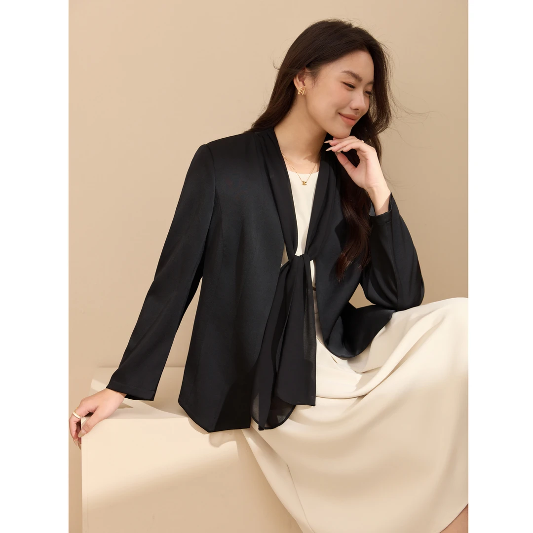 【暮光】纤莉秀W大码女装秋上新通勤风醋酸飘带百搭西装外套QK2949