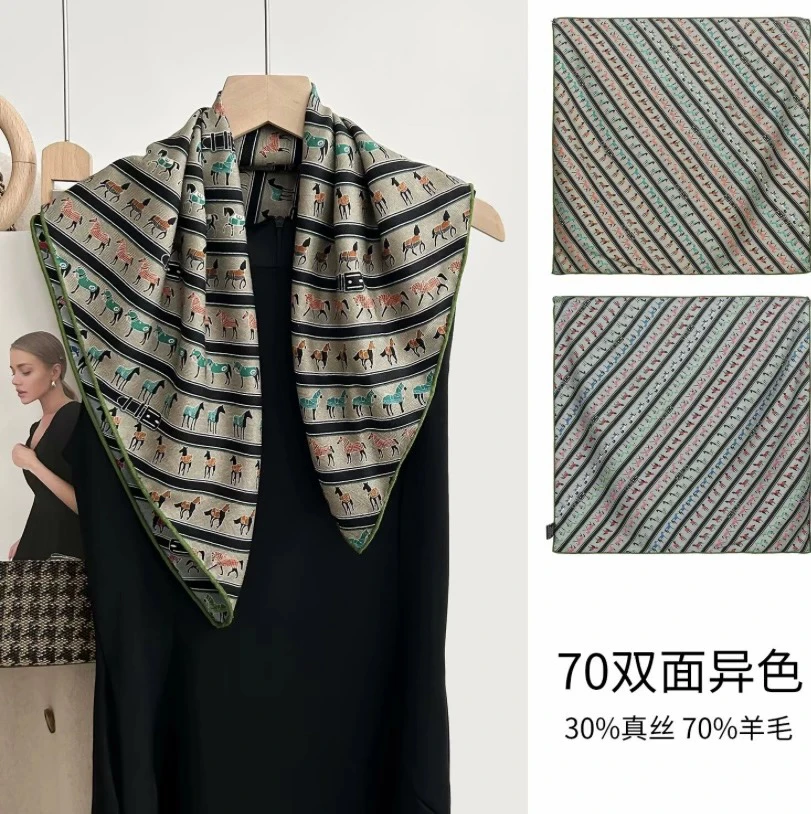 65尺寸桑蚕丝羊毛方巾复古围巾双面百搭手工卷边帅气简约小马矩阵